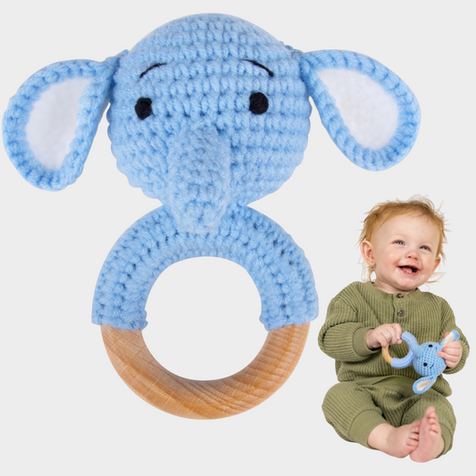 Handmade Crochet Wooden Baby Rattle - Blue Elephant