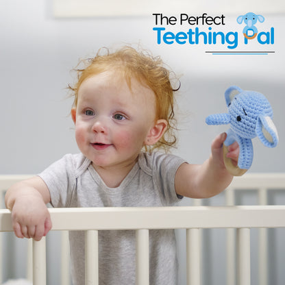 Shows the baby grasping the rattle and has caption saying "The Perfect Teething Pal"